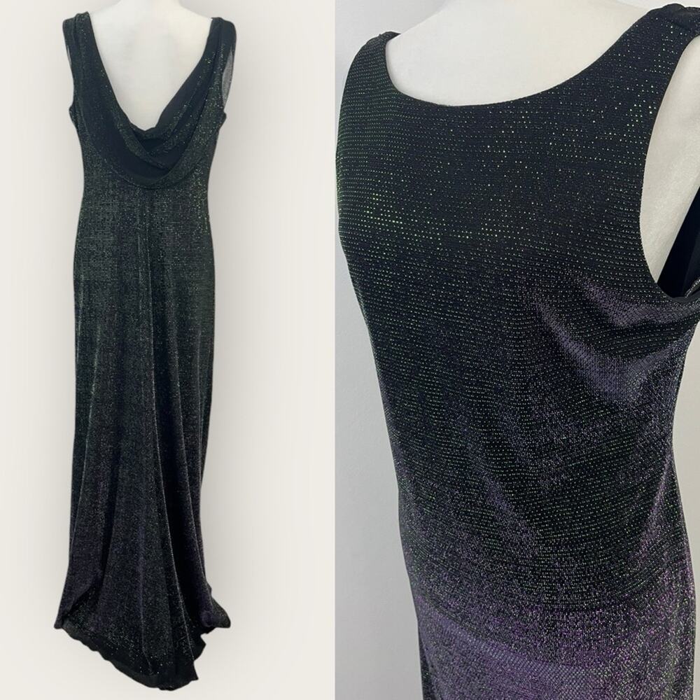 Vintage Rhapsody Drape Open Back Metallic Purple Green Gown 12 Witchy Whimsigoth